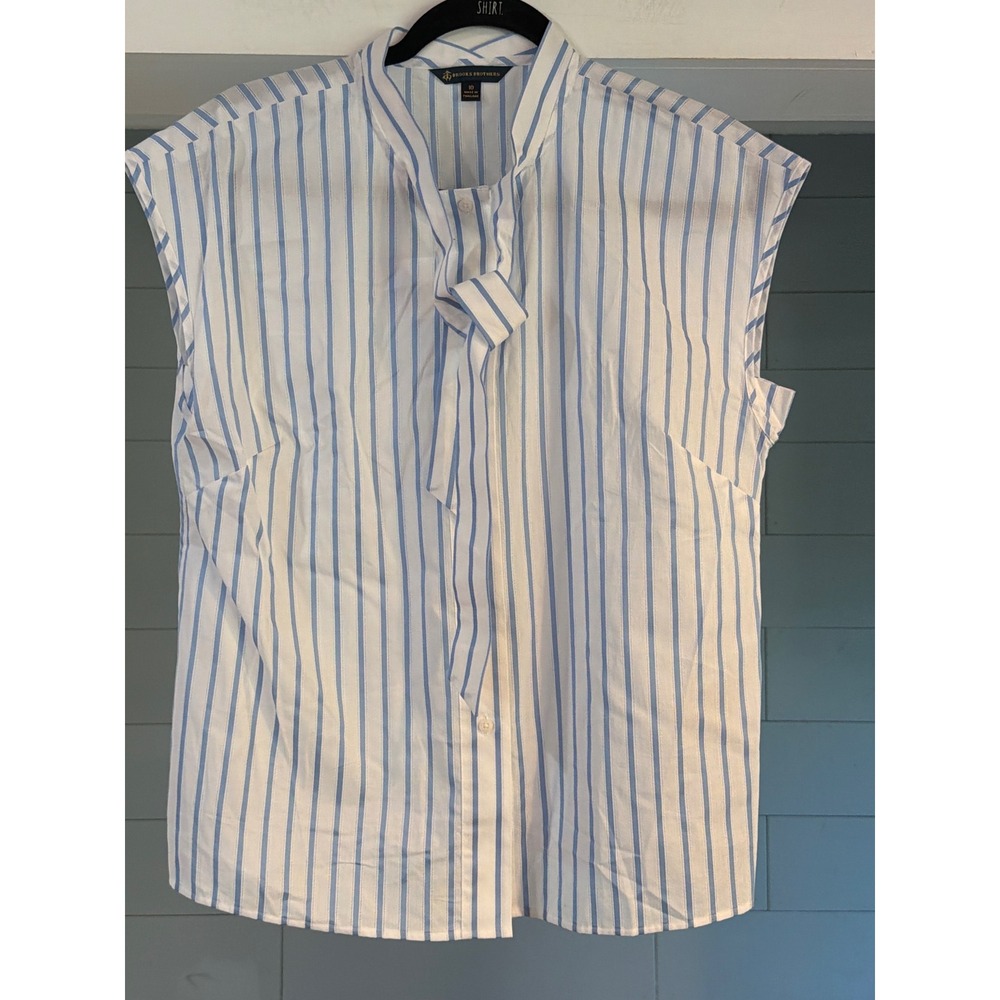 Brooks Brothers Blue White Striped Tie Neck Sleeveless Blouse Shirt 10